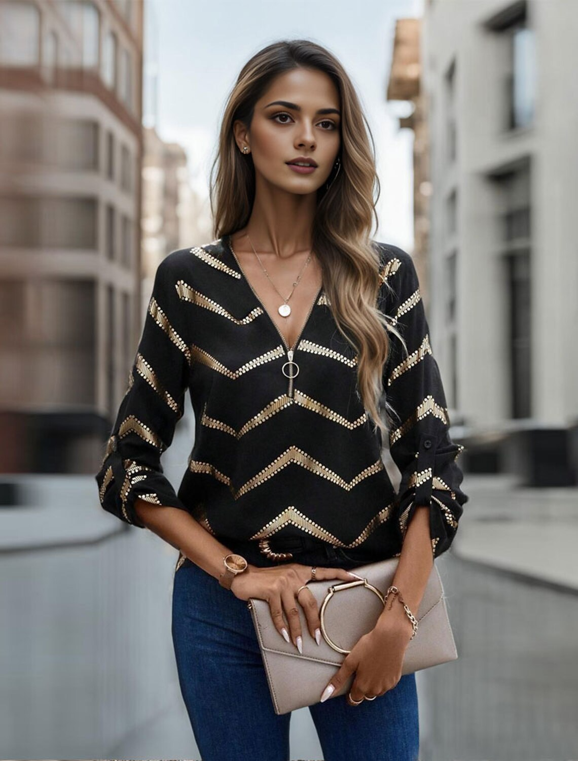 Variant image for Damenbluse V-Ausschnitt Gestreift Leicht Baumwolle für Frühling und Sommer-1