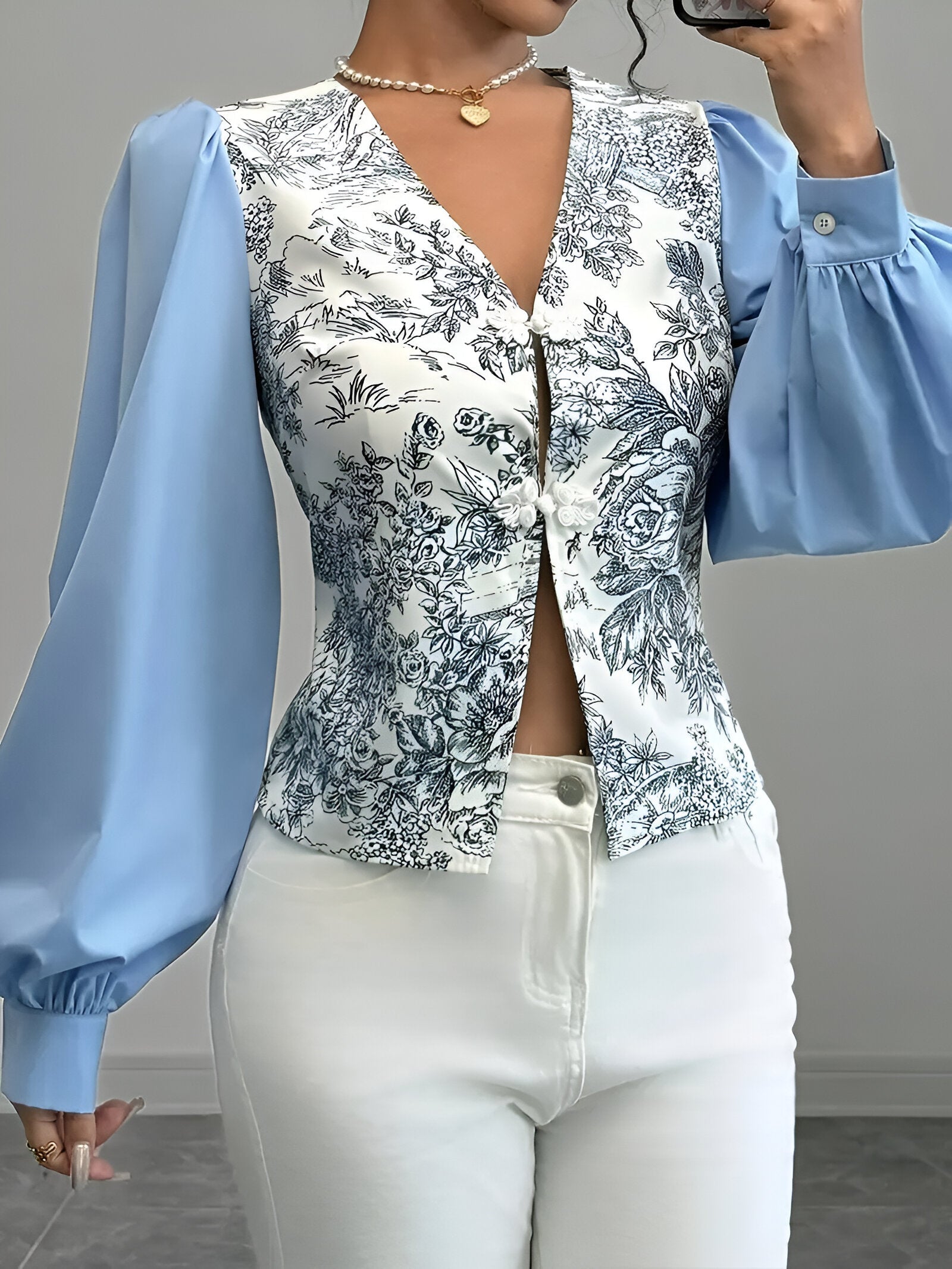 Damenbluse V-Ausschnitt Laternenärmel Blumendruck Baumwolle-2