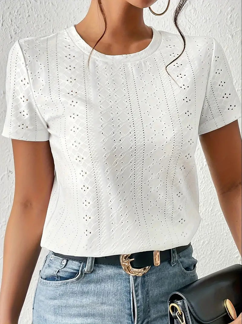 Damen T-Shirt Rundhals mit Ösen Baumwolle Lässig-2