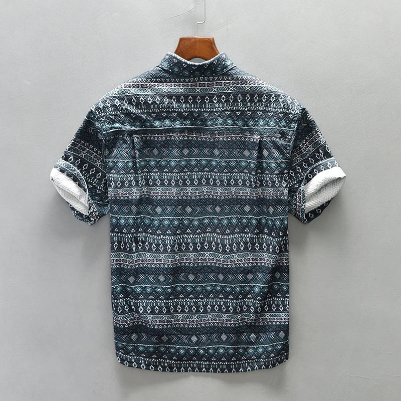 Herren Hemden Kurzarm Vintage Baumwolle Bequem Sommer Hemd 3