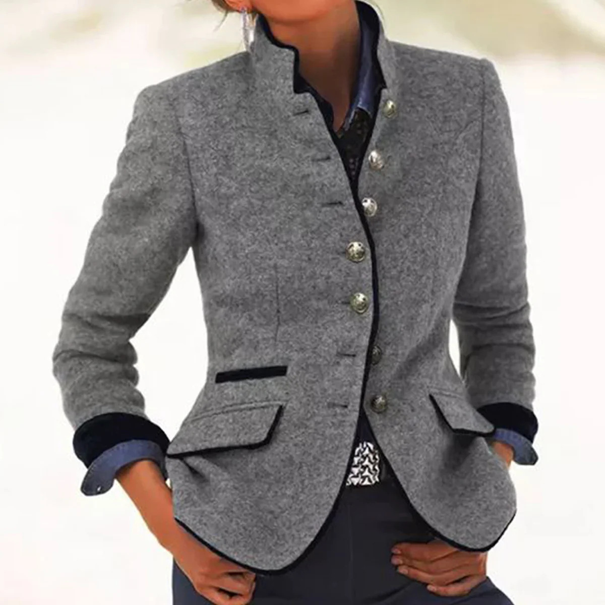 Damen Blazer Vintage Stil mit Stehkragen und Knöpfen 2