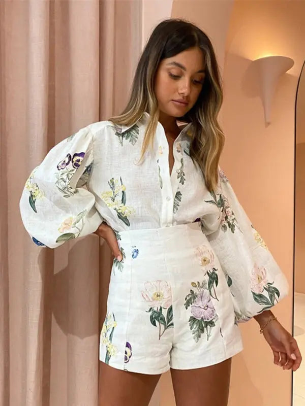 Damen Bluse mit langen Ärmeln und hohe Taillen Shorts im floralen Design 2