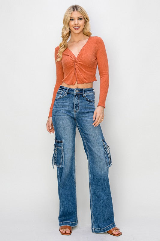 Damen Cargo Jeans mit hohem Bund und Seitentaschen 5