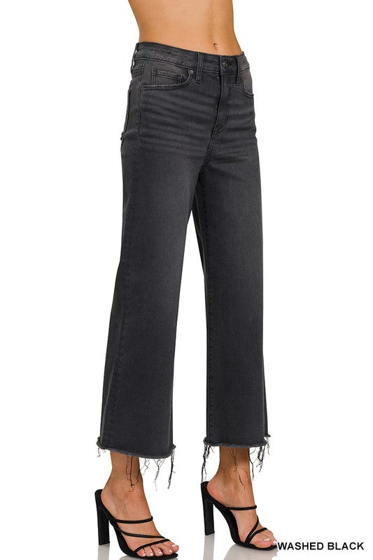 Damen Cropped Jeans Hohe Taille Denim Schwarz 1