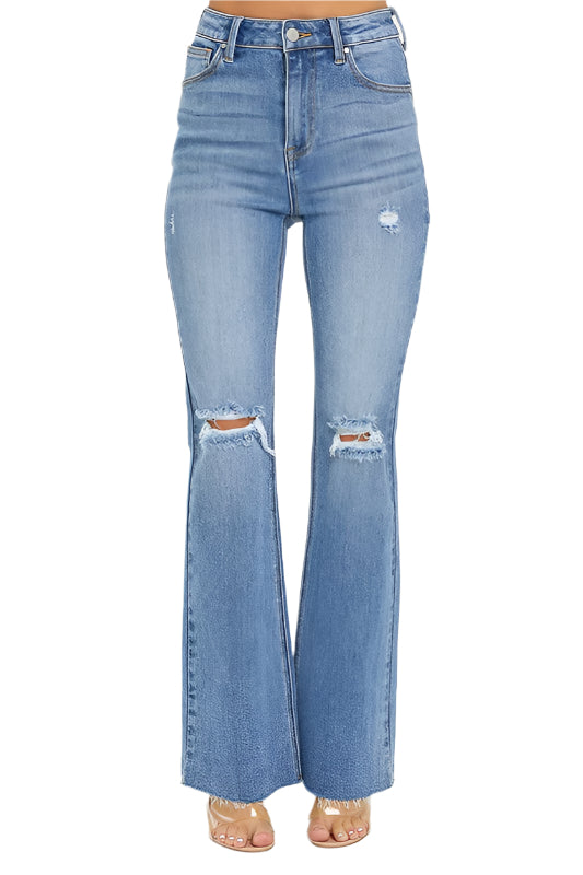 Damen Flared Jeans mit hoher Taille und Distressed-Details 0