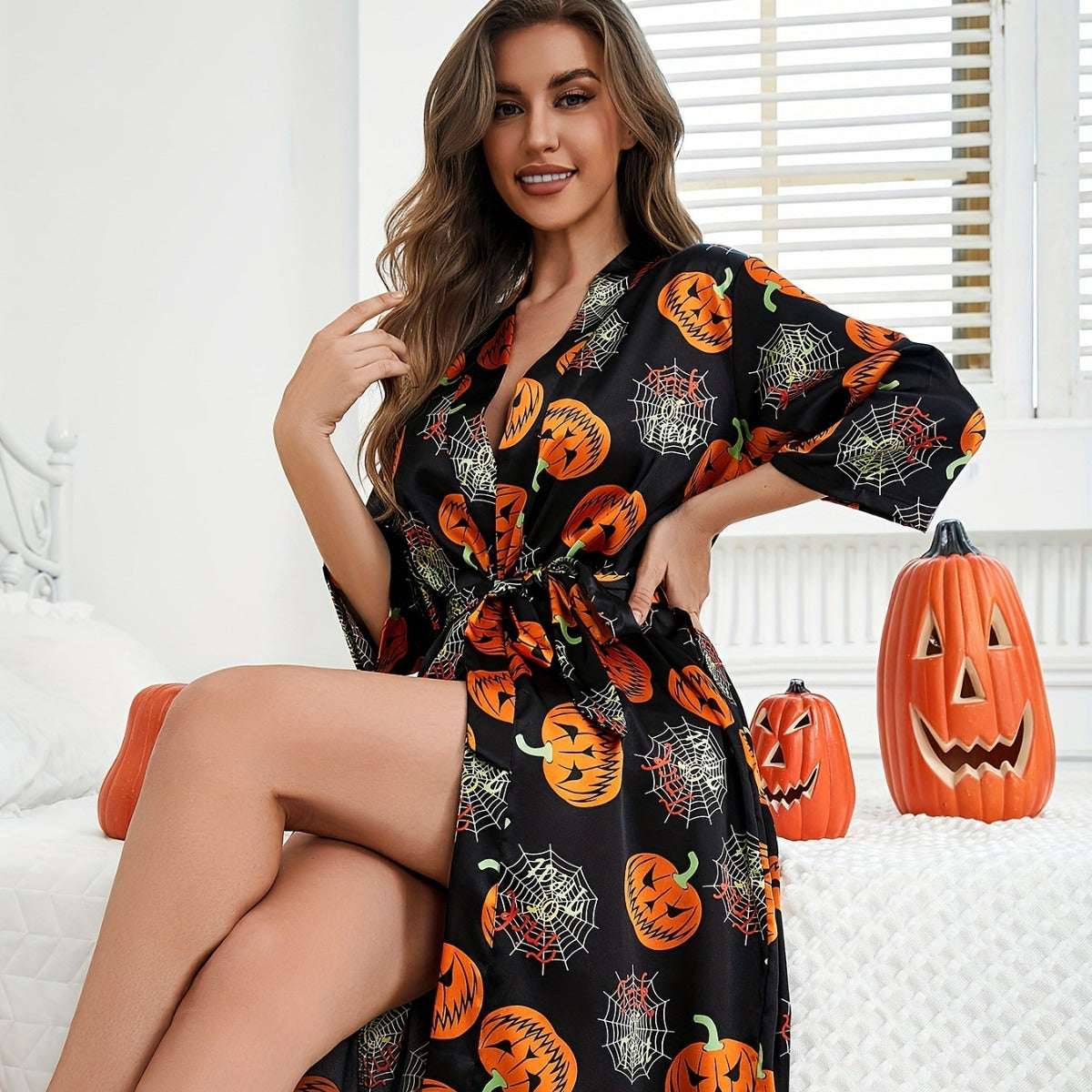 Damen Halloween Kostüm Robe mit Kürbis-Muster 1