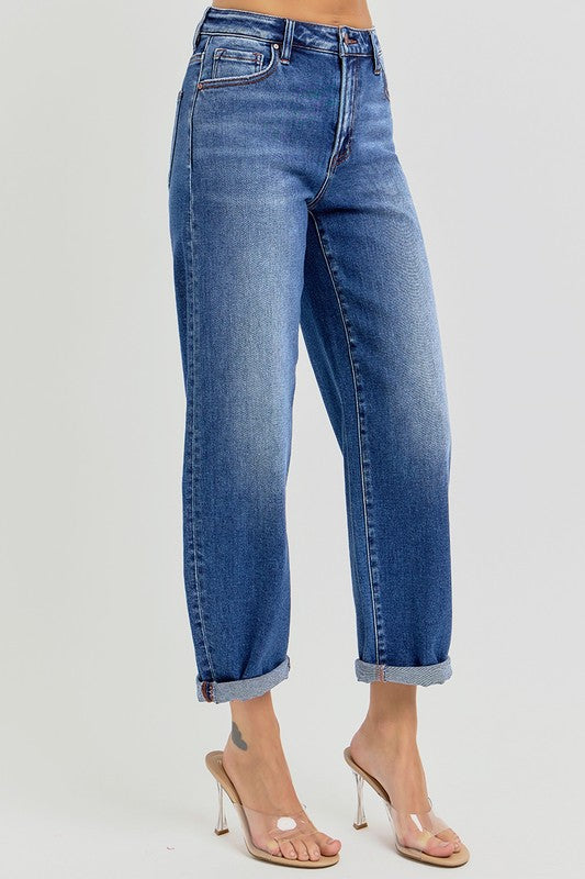 Damen Hochgeschnittene Crop Jeans Mittelblau 1