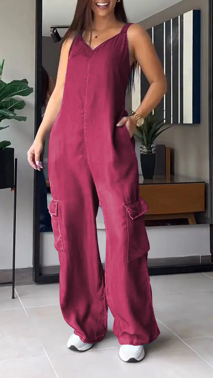 Damen Jumpsuit Denim V-Ausschnitt Hochtailliert 10