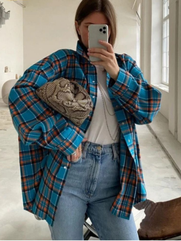 Damen Karo Hemdbluse Oversized Baumwolle 6