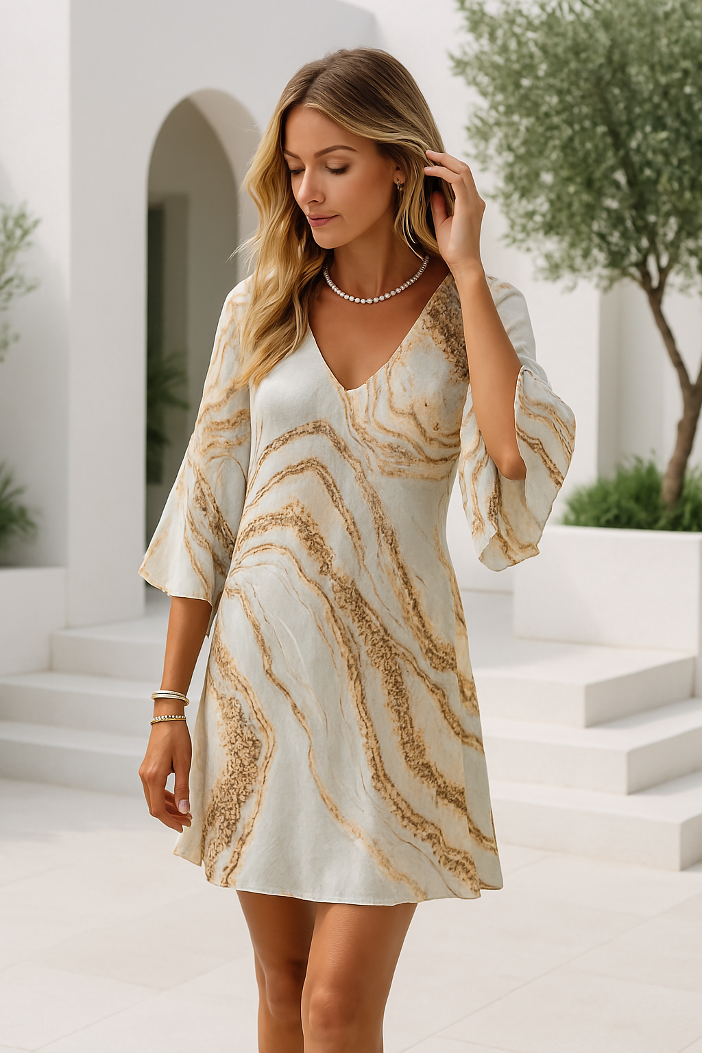 Damen Kleid Kurz V-Ausschnitt Marmorprint Leichtes Material 1