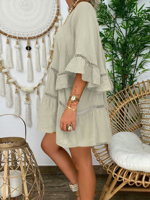 Damen Kleid V-Ausschnitt 3/4-Ärmel Baumwoll-Leinen Lockere Passform 6