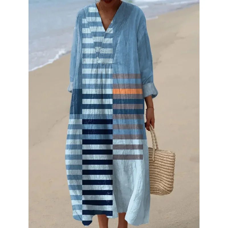 Damen Kleid V-Ausschnitt Langarm Farbblock Casual Hochwertiger Stoff 6