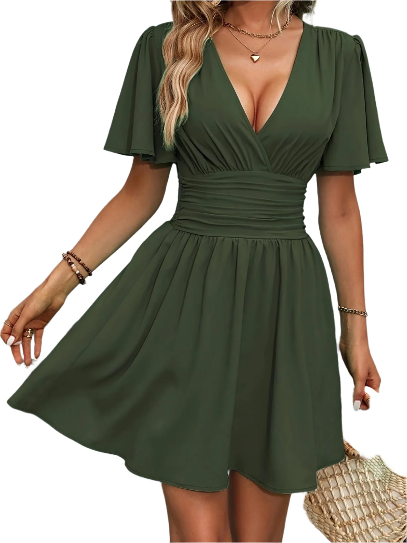 Damen Kleid mit V-Ausschnitt und geraffter Taille 0