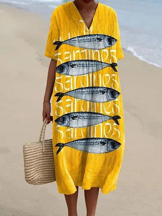 Damen Kurzarm Kleid Ozeanmotiv Bequemer Schnitt Hochwertiger Stoff 10