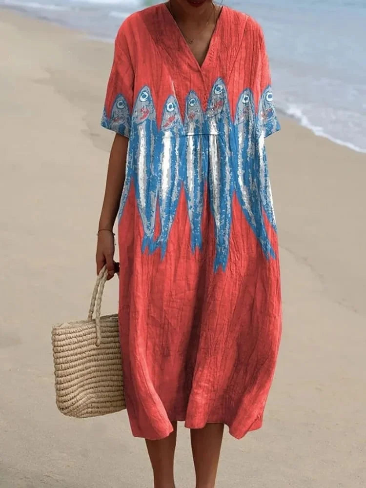 Damen Kurzarm Kleid Ozeanmotiv Bequemer Schnitt Hochwertiger Stoff 18