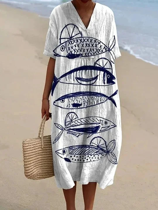 Damen Kurzarm Kleid Ozeanmotiv Bequemer Schnitt Hochwertiger Stoff 23