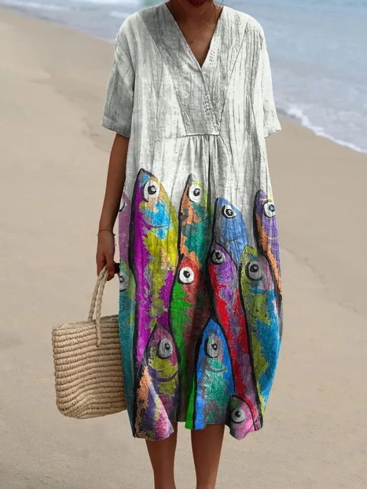 Damen Kurzarm Kleid Ozeanmotiv Bequemer Schnitt Hochwertiger Stoff 24