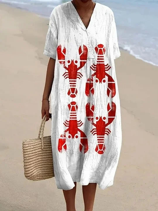 Damen Kurzarm Kleid Ozeanmotiv Bequemer Schnitt Hochwertiger Stoff 25