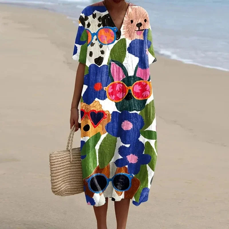 Damen Kurzarm Kleid Ozeanmotiv Bequemer Schnitt Hochwertiger Stoff 30