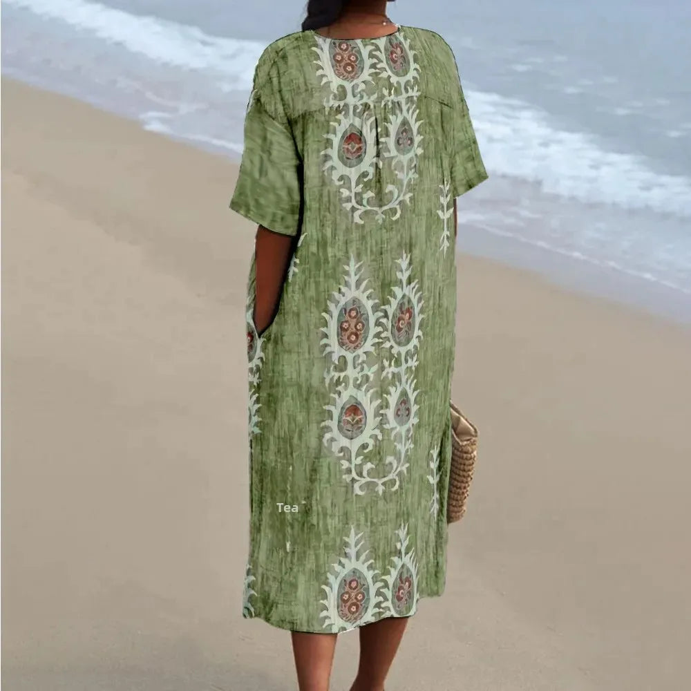 Damen Maxi Kleid V-Ausschnitt Kurzarm Digitaldruck 1