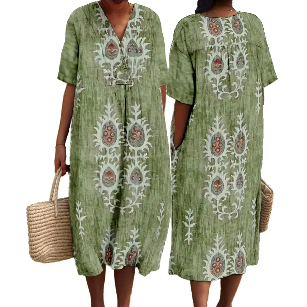 Damen Maxi Kleid V-Ausschnitt Kurzarm Digitaldruck 2