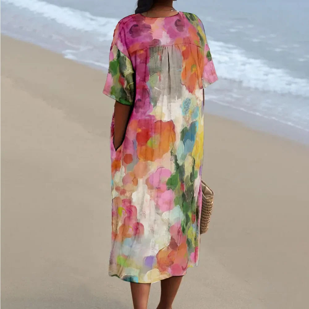 Damen Maxi Kleid V-Ausschnitt Kurzarm Digitaldruck für Sommerkleider und Hochzeitsgast 1