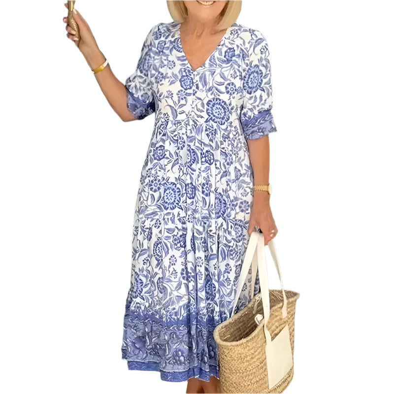 Damen Maxikleid Boho V-Ausschnitt Blumendruck 0