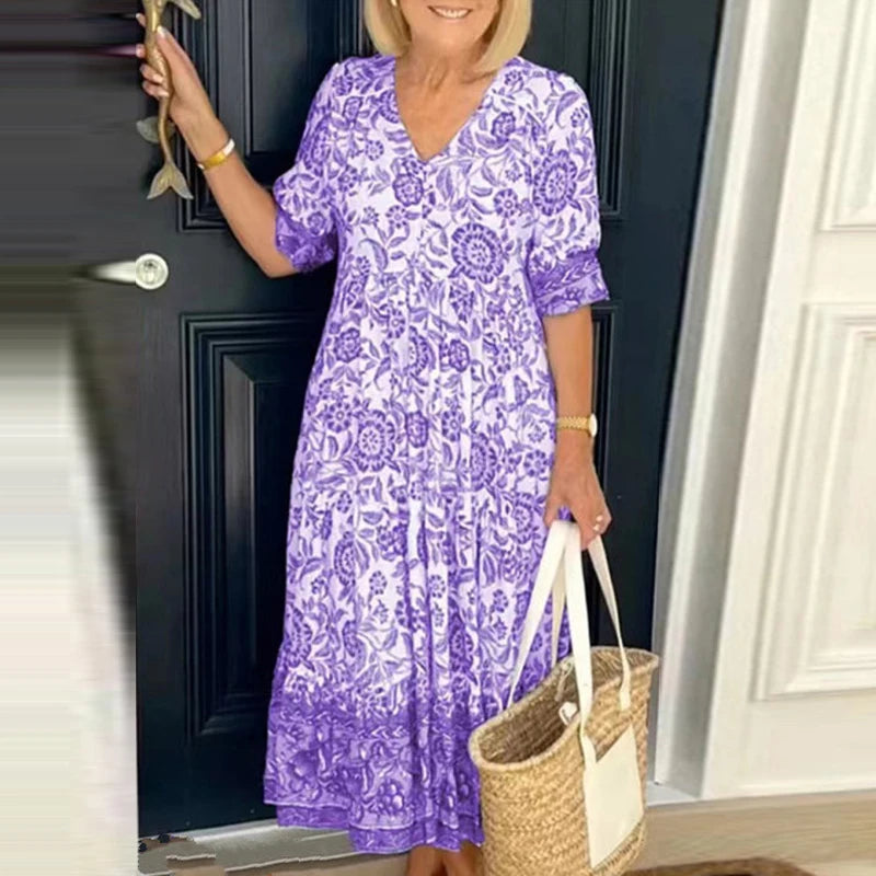 Damen Maxikleid Boho V-Ausschnitt Blumendruck 2