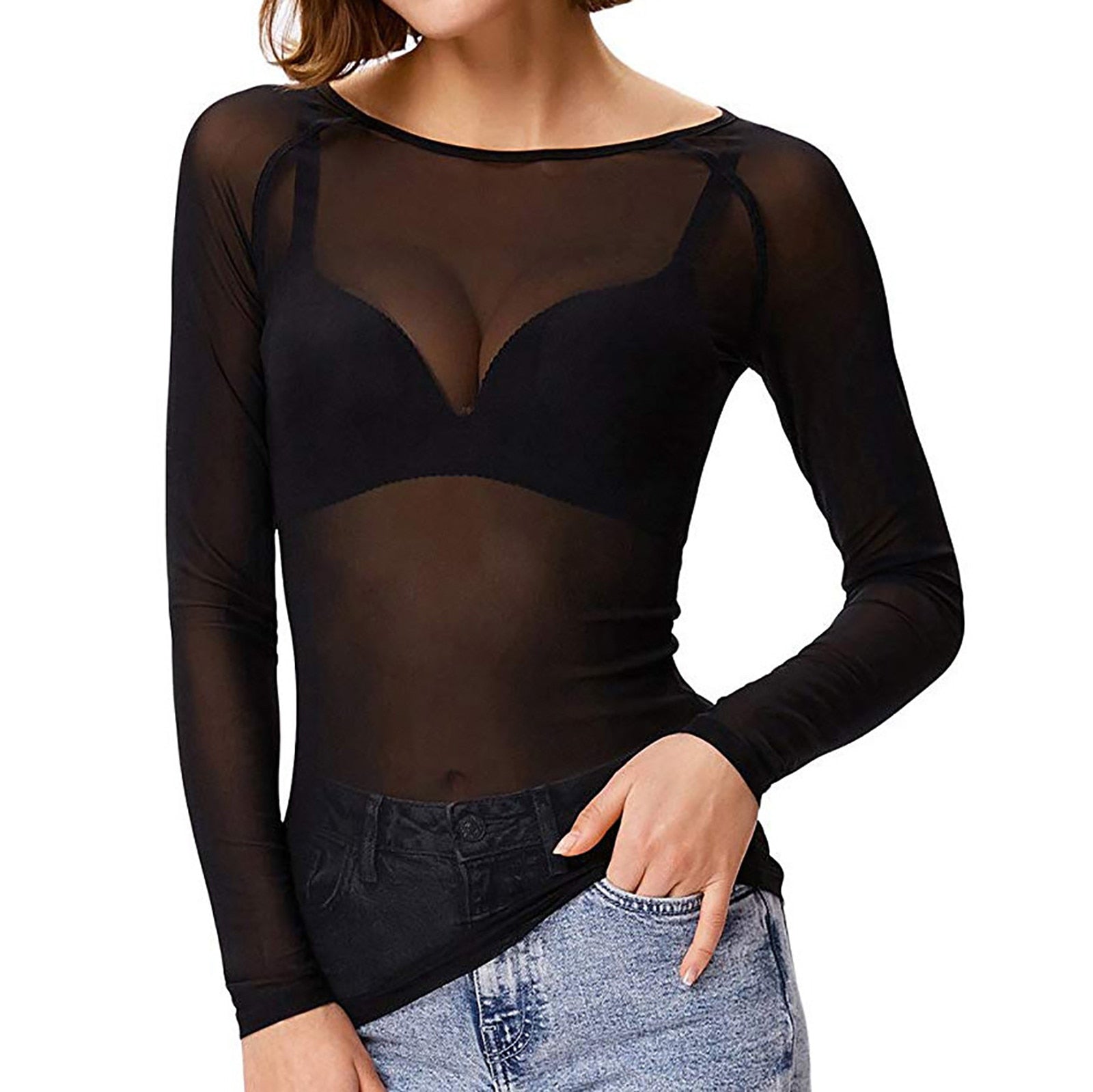 Damen Mesh Top mit langen Ärmeln und transparentem Design 1