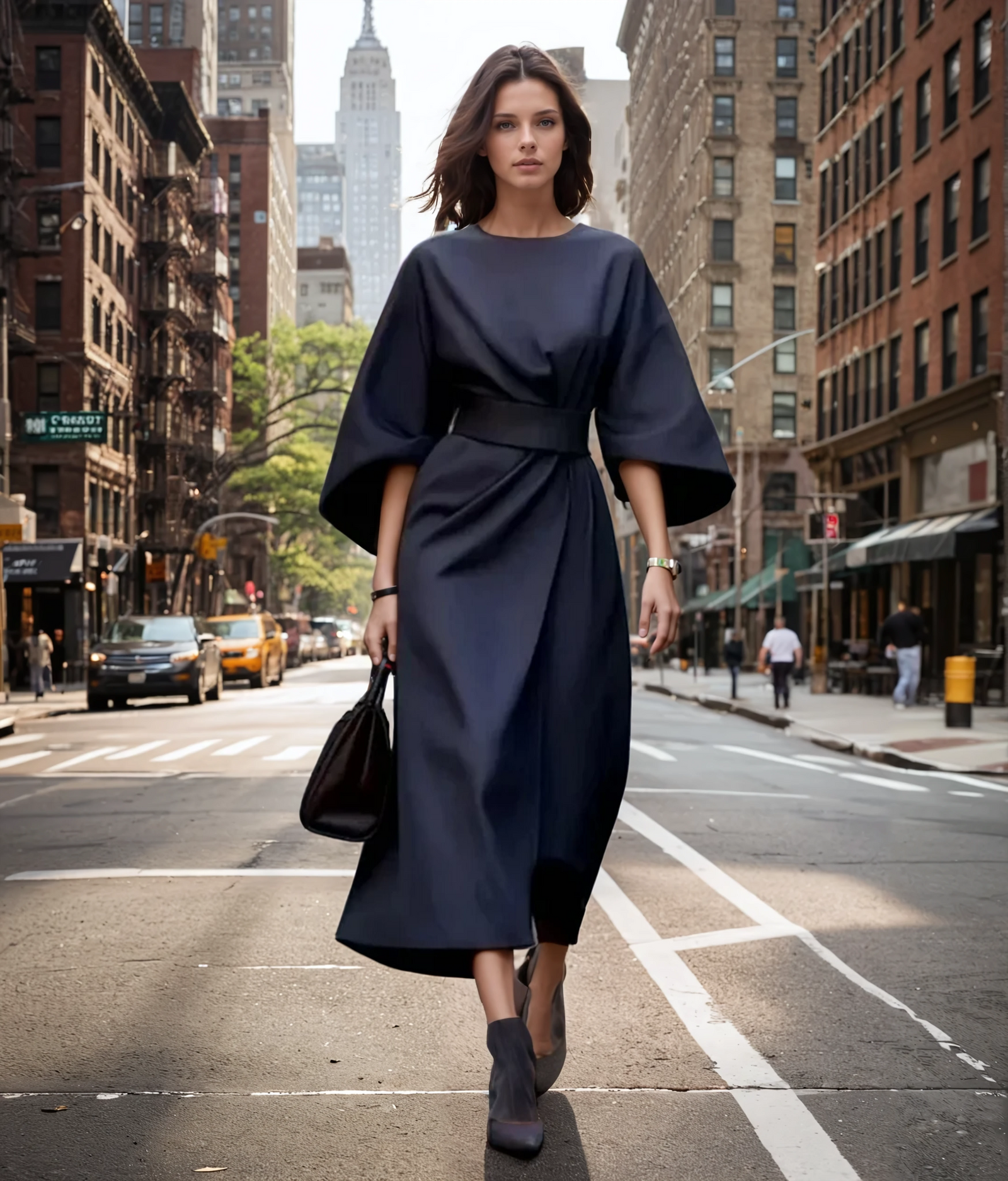 Damen Midi-Jurk mit Lantaarnmouwen und Taillengürtel 1