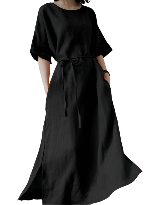 Damen Midi Kleid Mit Gürtel Und Seitenschlitz 0