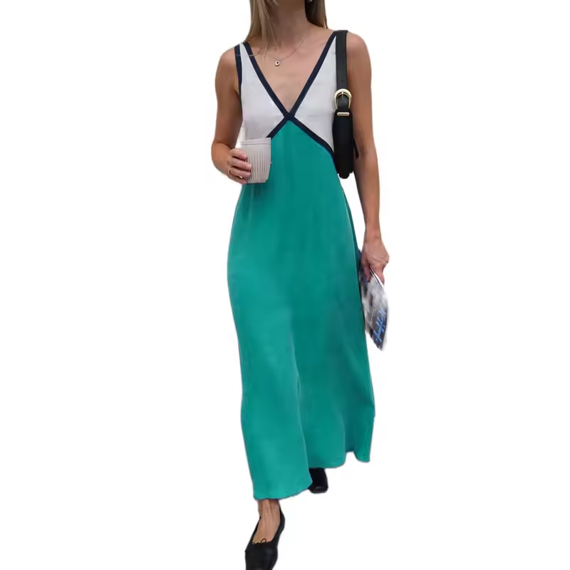 Damen Midi Kleid V-Ausschnitt Kontrastfarben 10