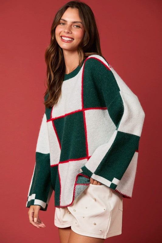 Damen Pullover mit Blockfarben und Steppstich in Grün und Weiß 2