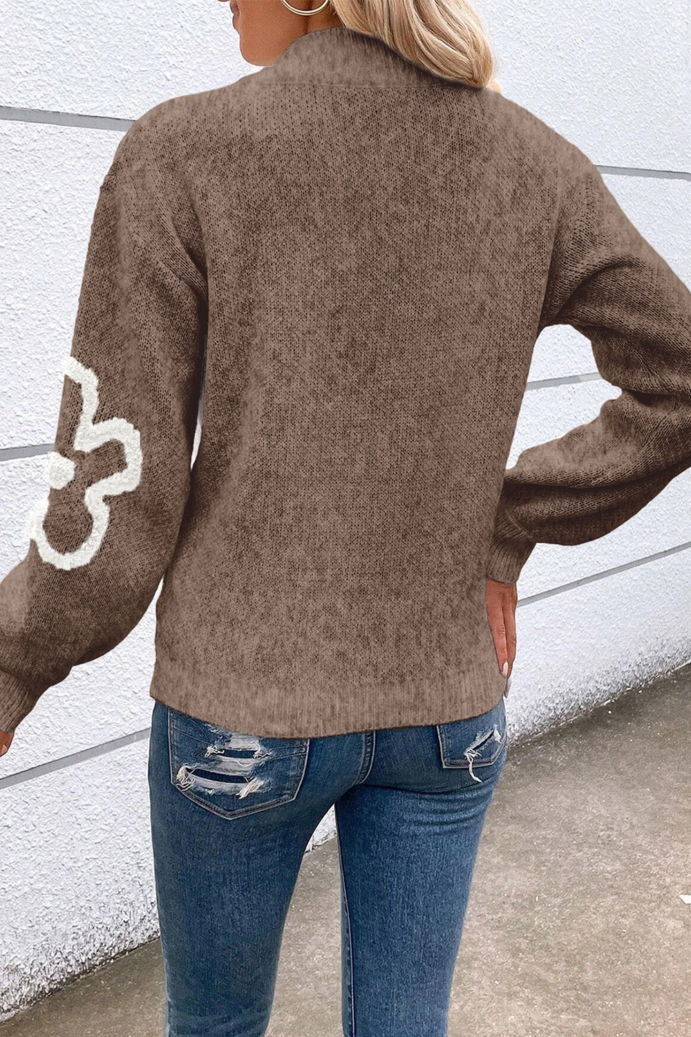 Damen Pullover mit Blumenmuster und halbem Reißverschluss 5