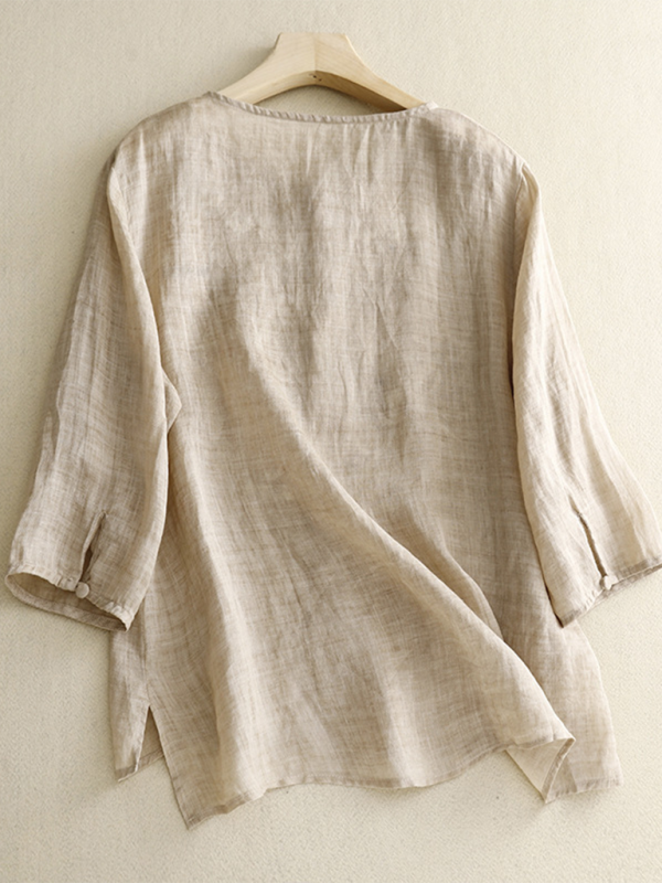 Damen Shirt Retro Rundhals Leinen mit Stickerei 2