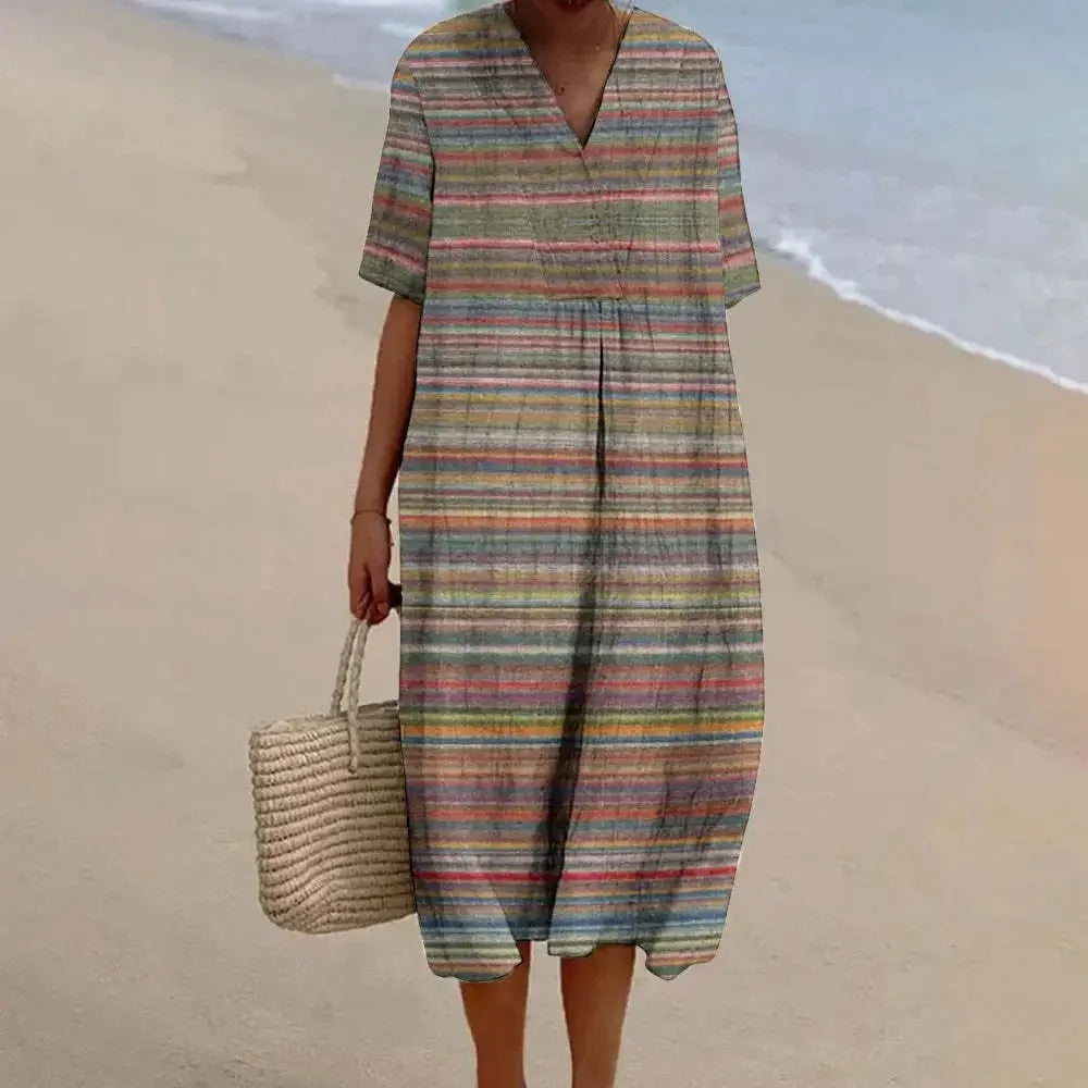 Damen Shirtkleid mit V-Ausschnitt und Taschen im Streifenmuster 15