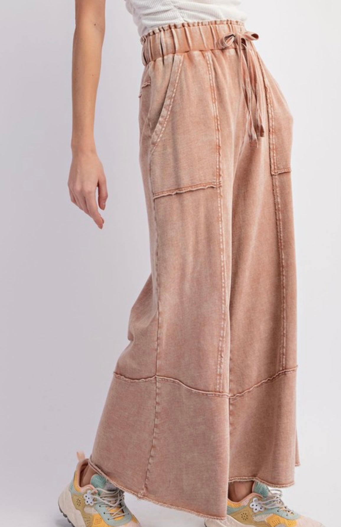 Damen Weite Bein Hose Mineralgewaschen Terry Strick 1