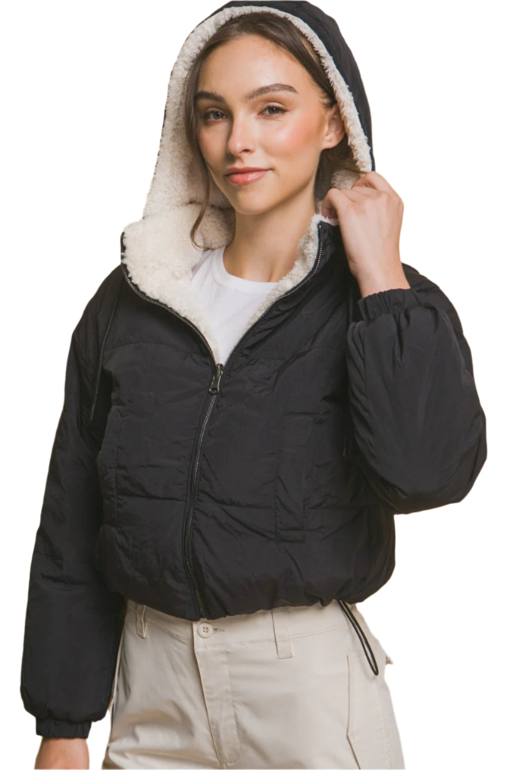 Damen Zip-Up Kapuzenjacke aus Sherpa mit Wende-Design 0