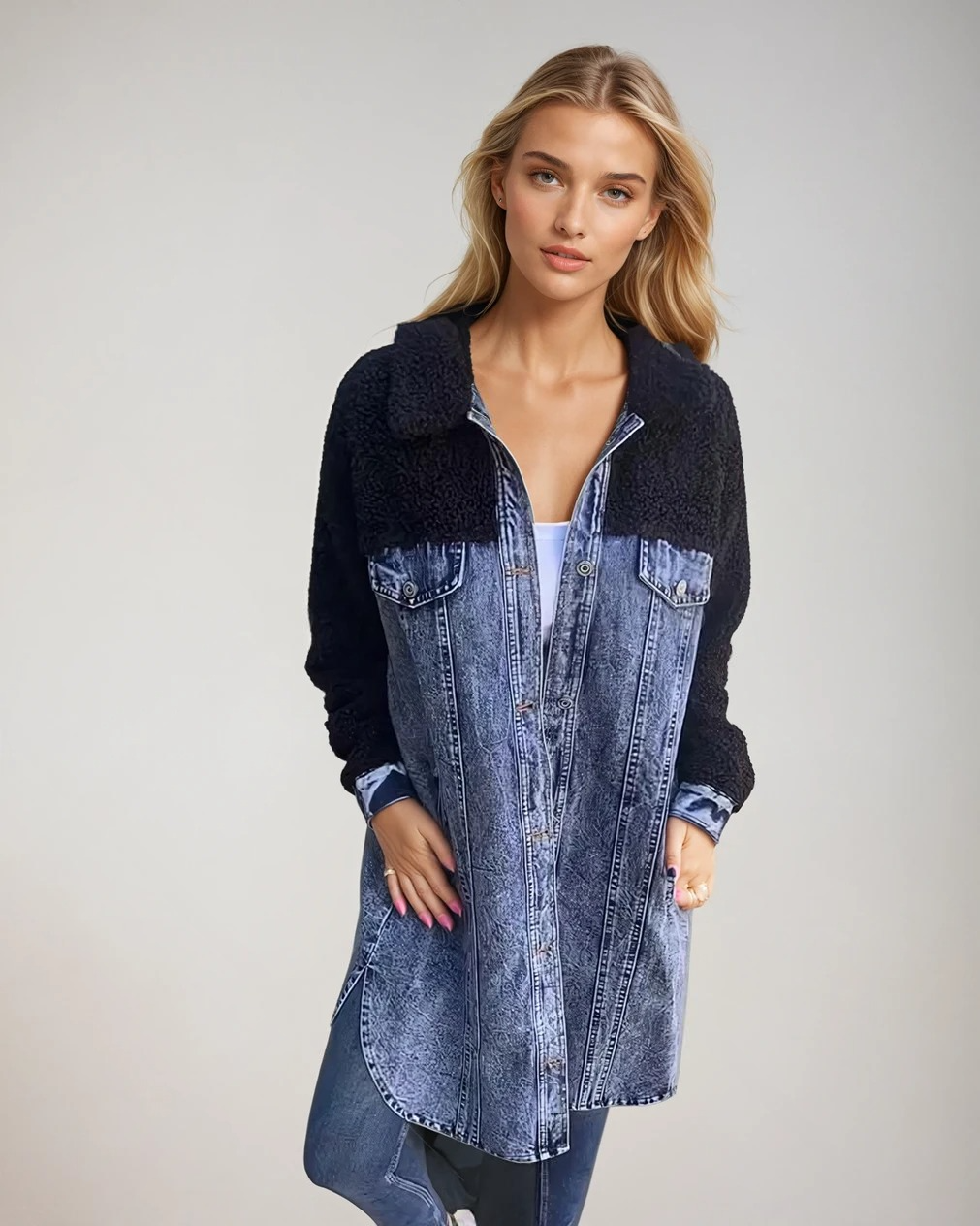 Damenmantel Denim mit Wolle, Tailliert, Modern, Langer Mantel für Herbst und Winter 1