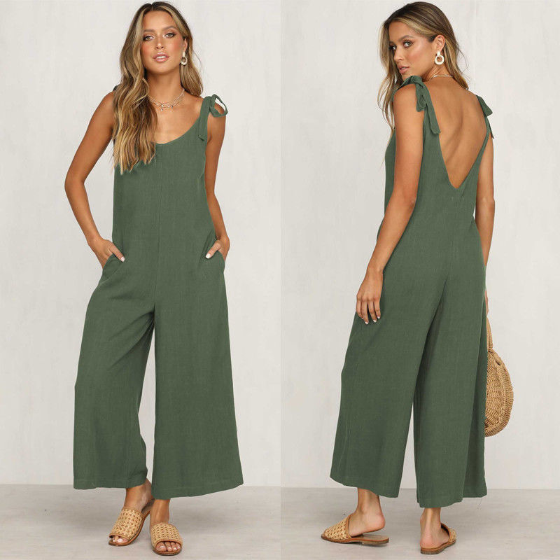 Damen Jumpsuit Luftig Ärmellos Weite Beine Sommer Overall-2