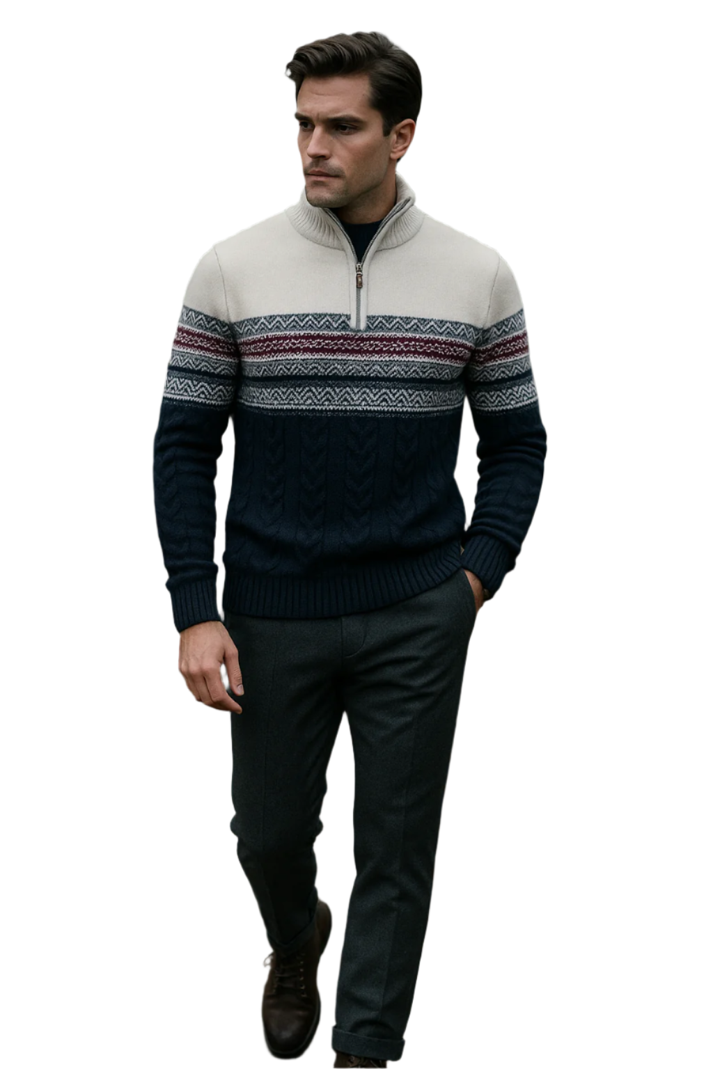 Herrenpullover Norwegermuster Viertelreißverschluss Weiche Mischfaser 1