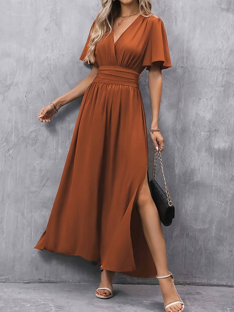 Damen Abendkleid mit Rüschenkragen und Plissierter Taille, Elegantes Kleid für Festliche Anlässe-2