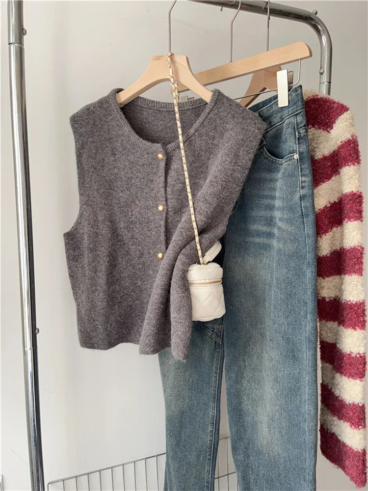 Damen Weste Lang Eleganter Stil Baumwollmischung mit Knöpfen 1