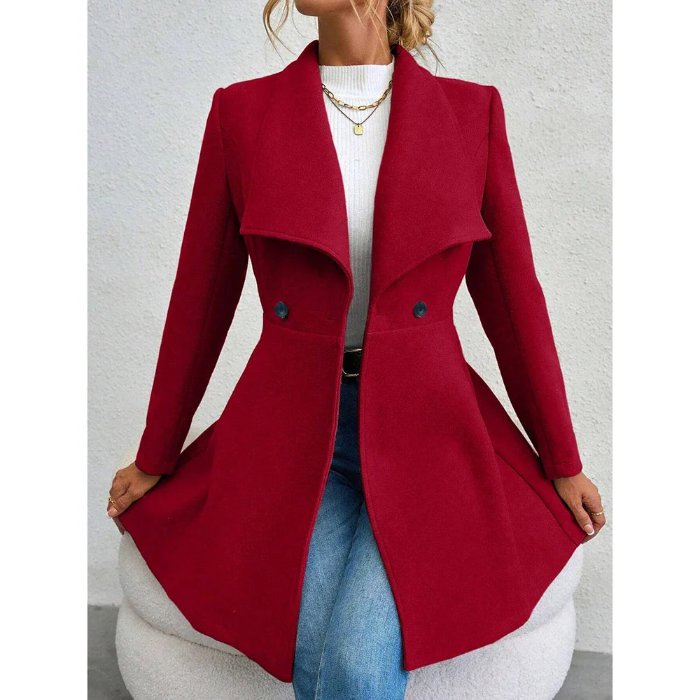 Damen Mantel Schwarz Klassisch Wolle Doppelt Geknöpft Winter Mäntel-2