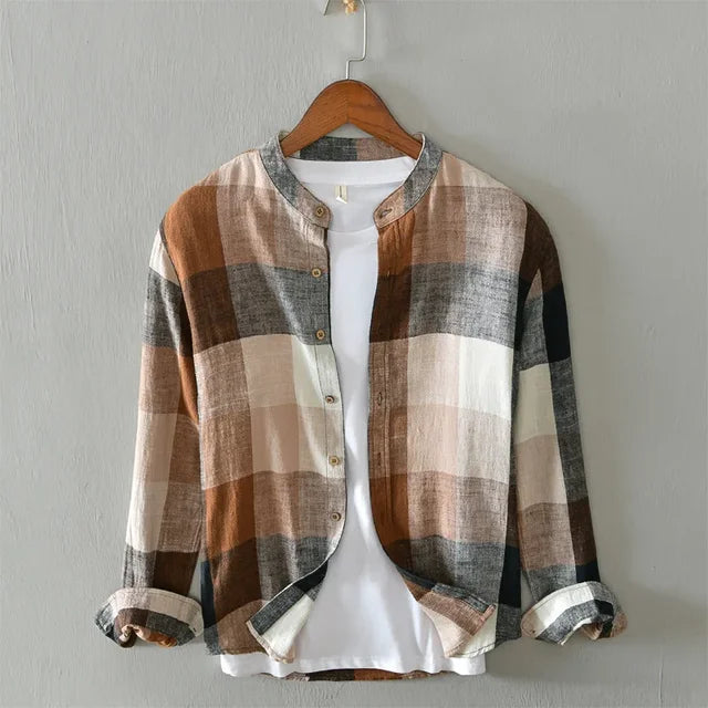 Herrenhemd Kariert Langarm Baumwolle-Leinen-Mischung 1