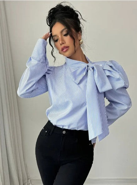Variant image for Damen Oversized Bluse mit Schleife Baumwolle-1