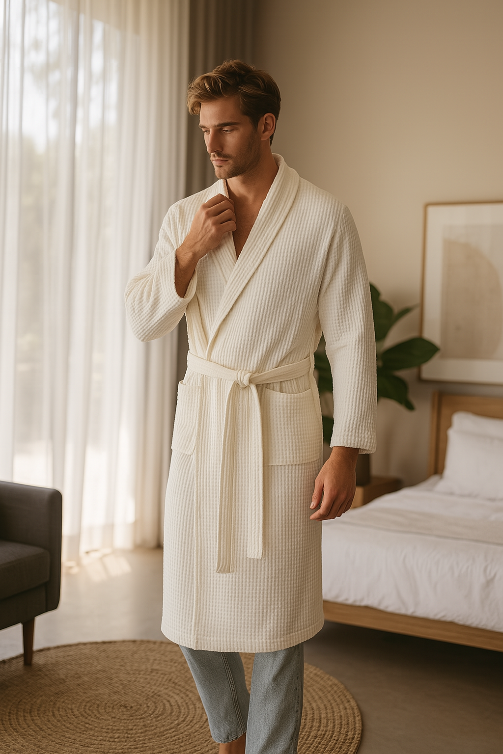 Unisex Bademantel Waffelstruktur Atmungsaktives Material mit Praktischen Taschen 3