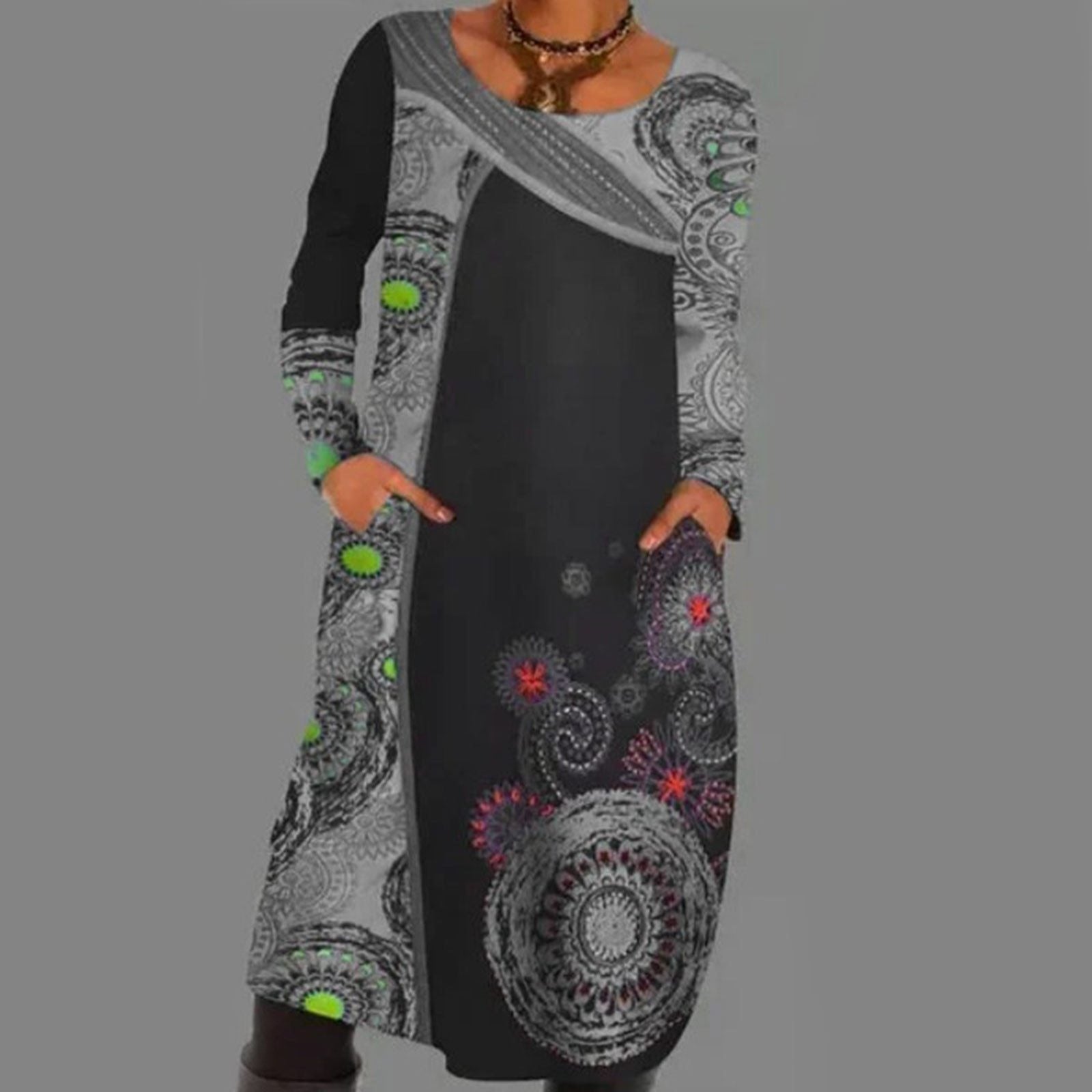 Vintage Print Pullover Kleid Mit Taschen