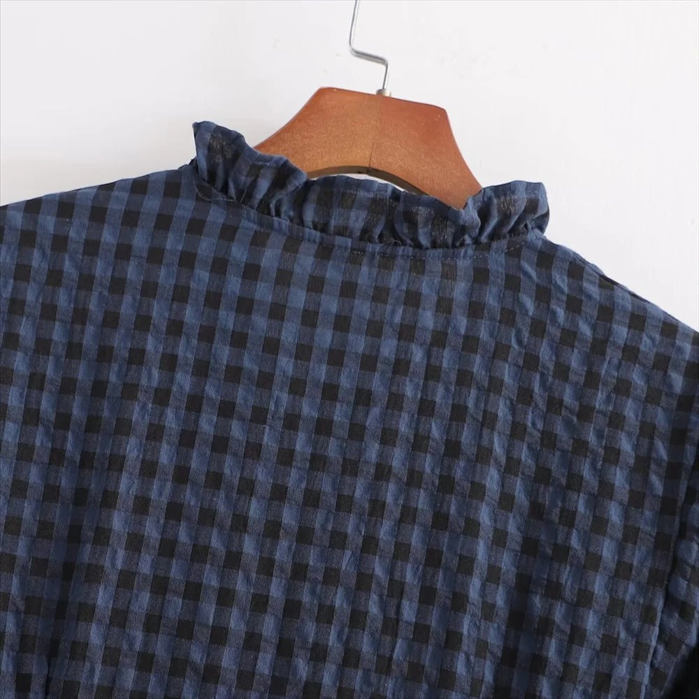 Karierter Damenoverall mit Puffärmeln