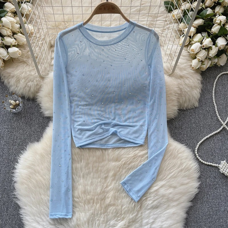 Langärmeliges Damen-Top mit Strassbesatz